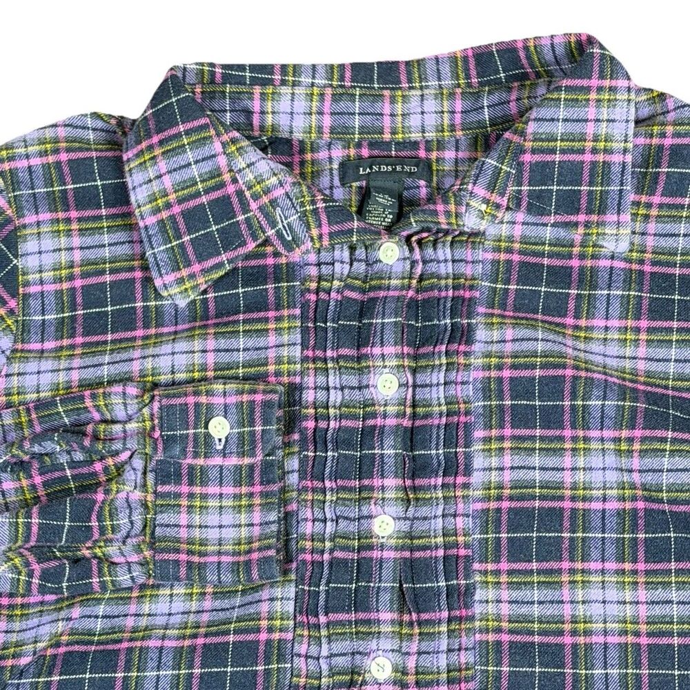 Land's End Top 10 Purple Flannel Plaid Tunic 1/4 Button Side Slits Women’s 2XL